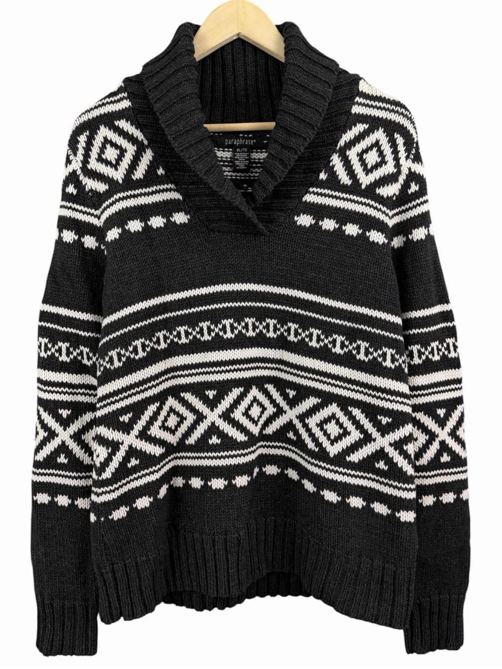 Paraphrase Black White Fair Isle Shawl Neck Knit Sweater XL